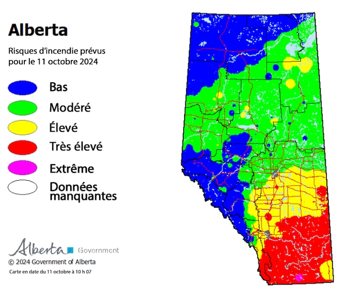 A map issued by the Government of Alberta showing the expected fire risks in Alberta for October 11, 2024.